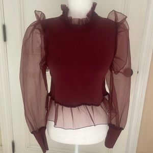 Zara puff sleeve knit top with organza detail